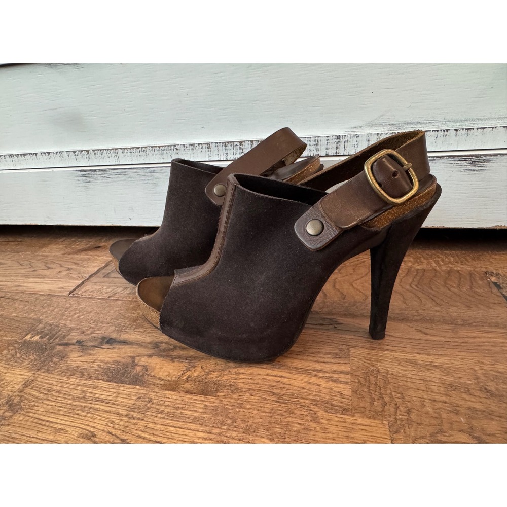 Pedro Garcia Peep Toe Chantal Suede Slingback Heels Brown Size 37.5 US Size 7